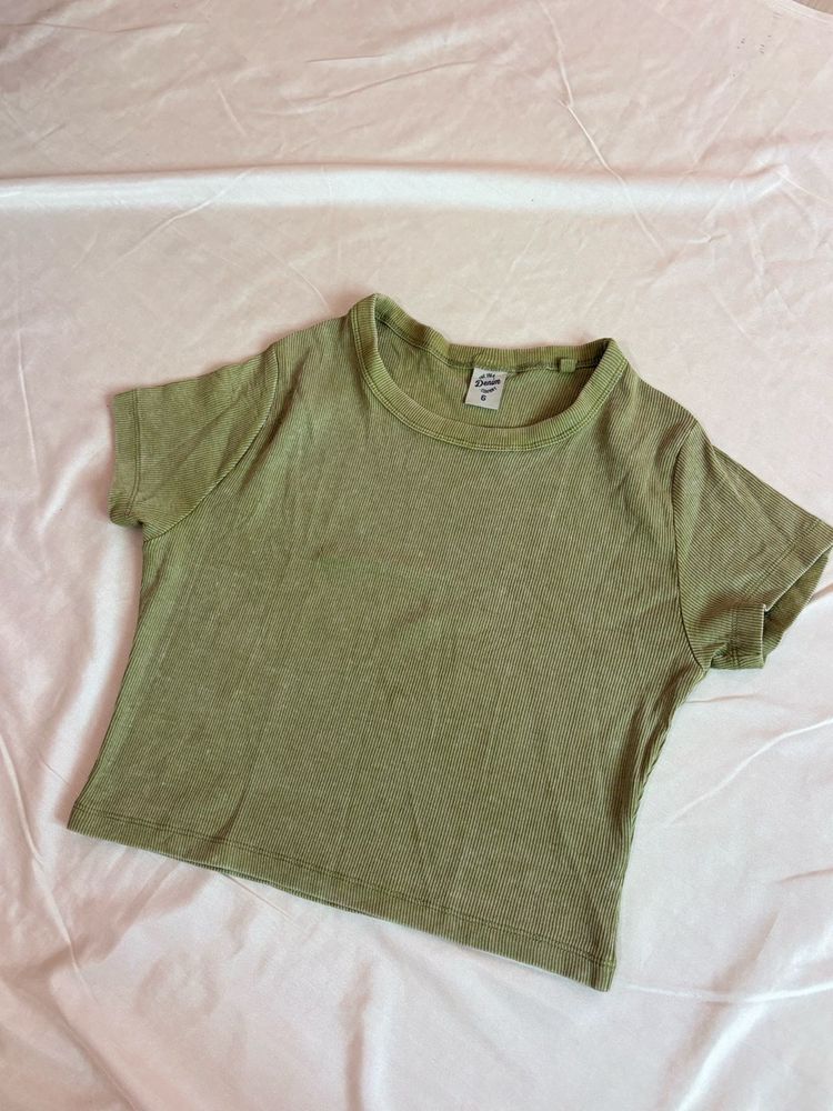 Olive Green Ribbed Cropped T-Shirt