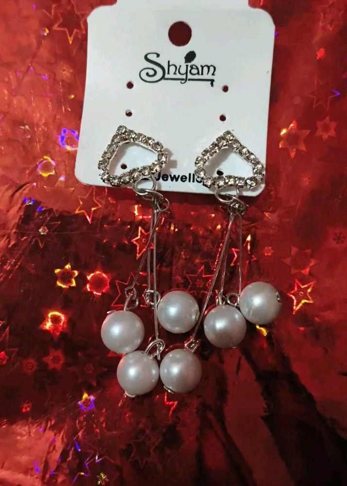 Sparkling Heart Dangle Pearl Earrings
