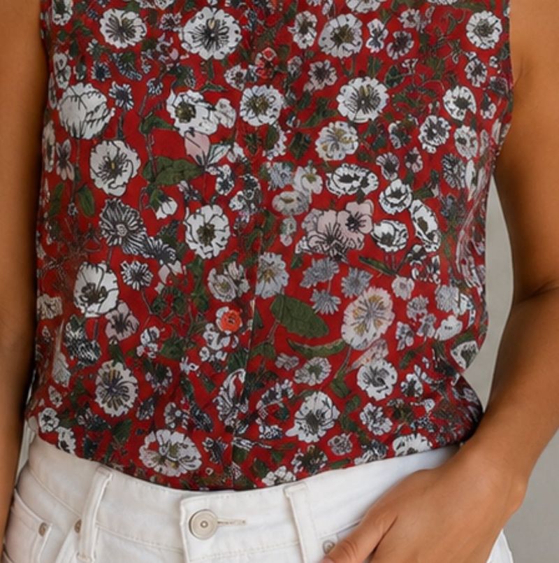 Red Floral Print Button-Up Blouse