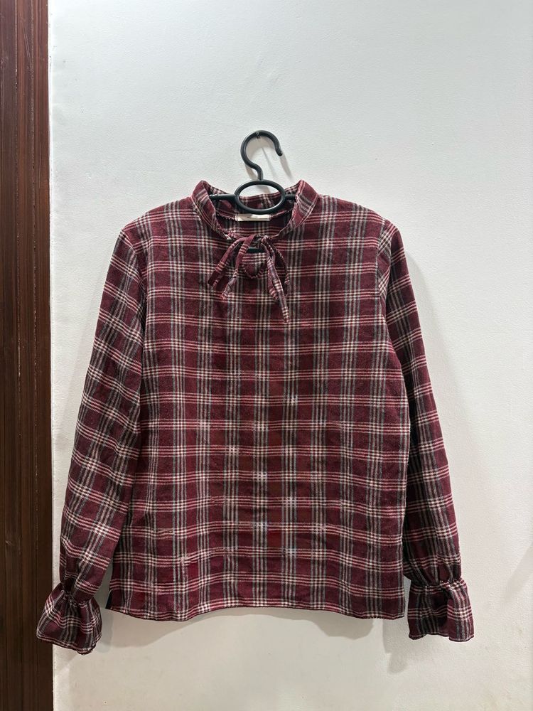 Korean Style Maroon Checkered Tie-Neck