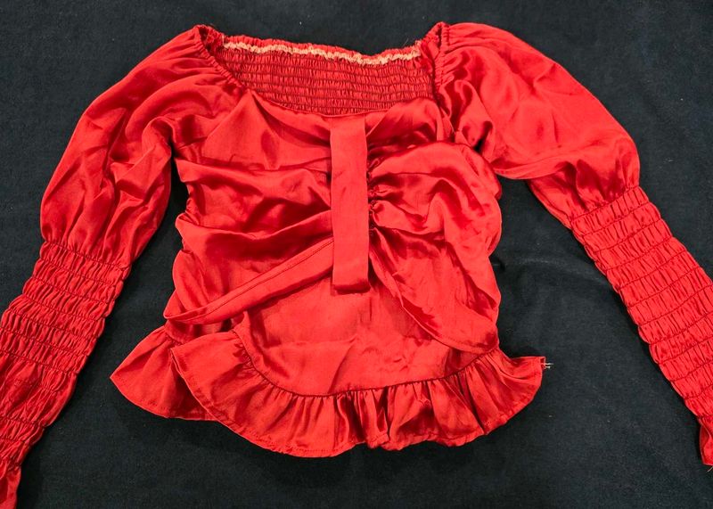 Red Ruched Bow Detail Top