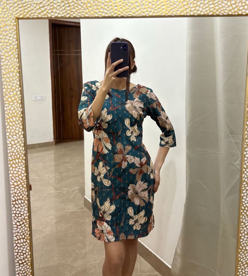 Teal Green Floral Print Shift Dress