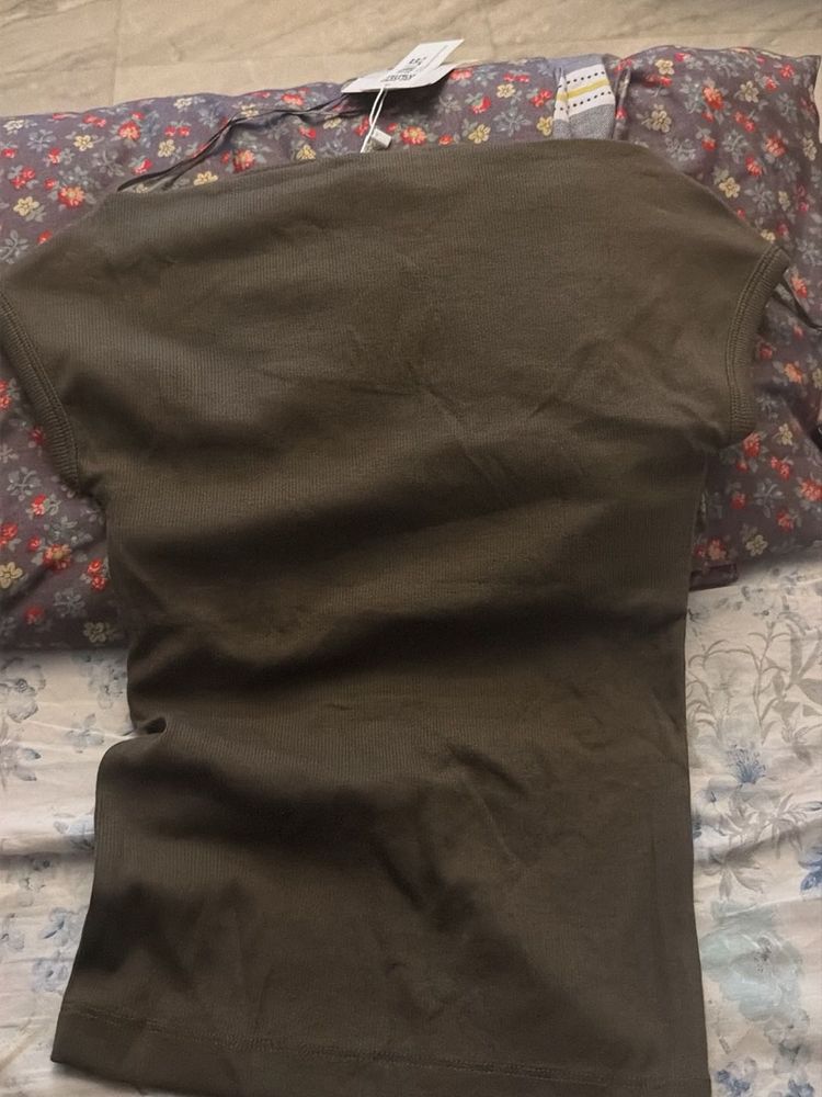 zara one shoulder Olive Green Basic T-Shirt