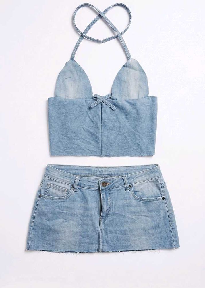 y2k Denim Crop Top &amp; Skirt Set