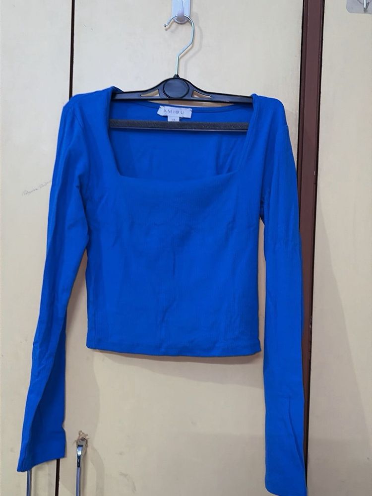 Blue Square Neck Long Sleeve Top