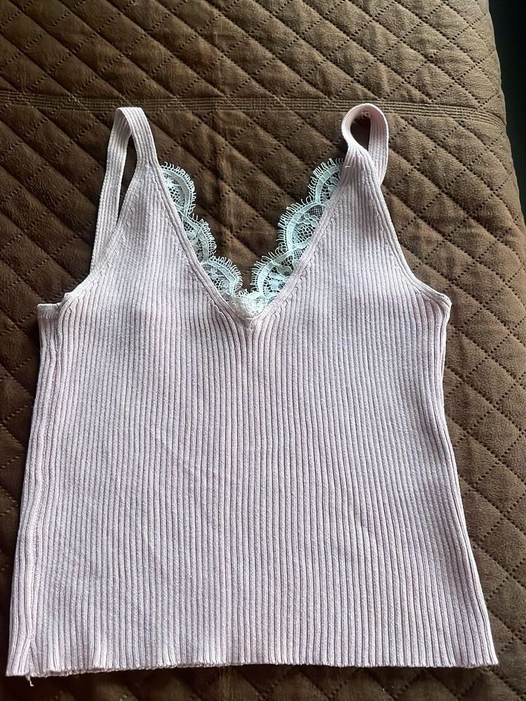 Pink Ribbed Cami with Lace Trim