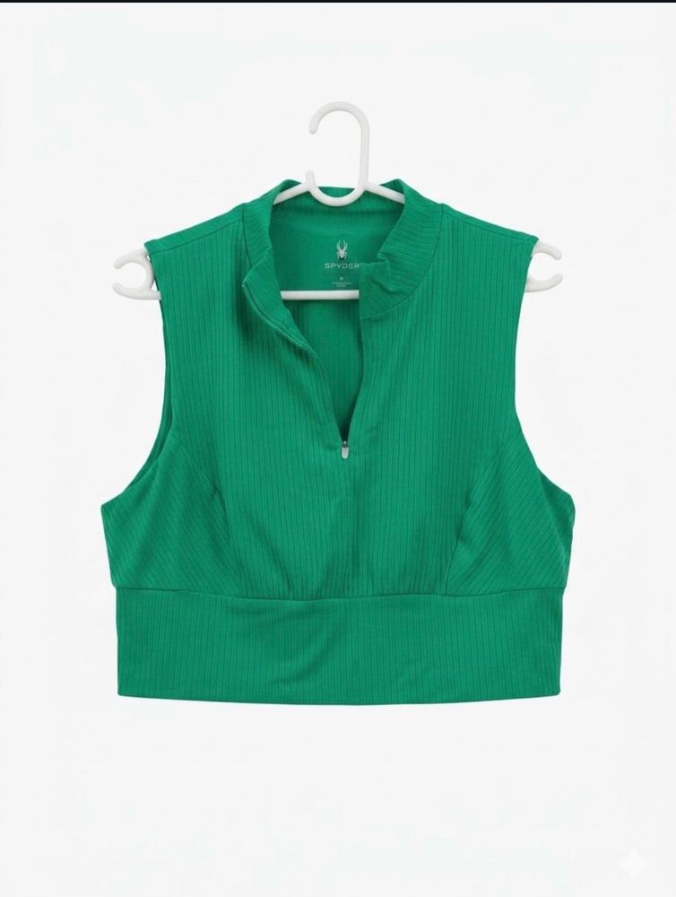 Green Ribbed Zip-Up Crop Top