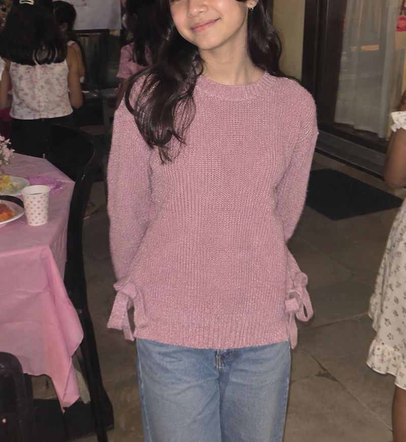 Pink Knit Sweater with Bow Details