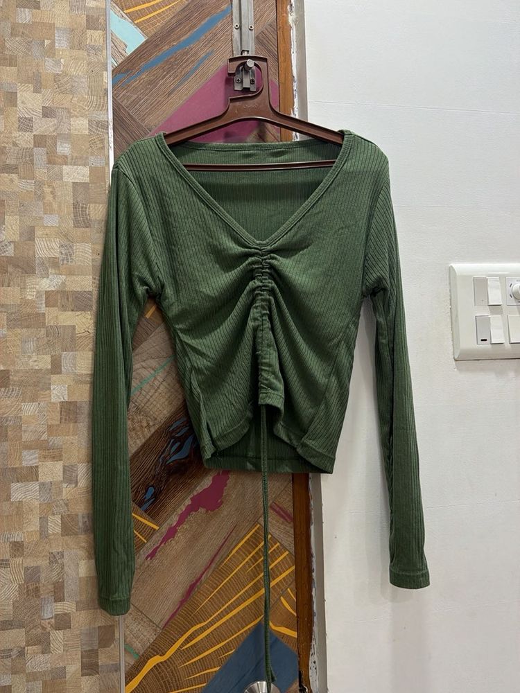 Green Ruched V-Neck Long Sleeve Top