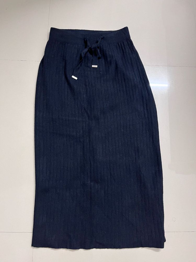 Navy Ribbed Knit Maxi Skirt with Drawstring