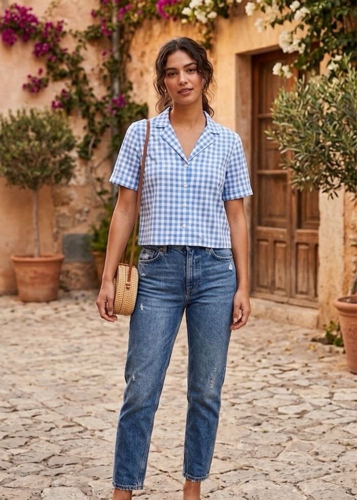Blue Gingham Button-Up Shirt