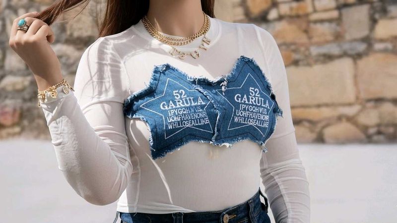 Sheer White Long Sleeve Top with Denim Star