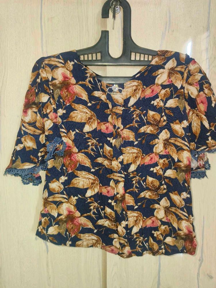 Beautiful Navy Blue Floral Top with Lace Detailing