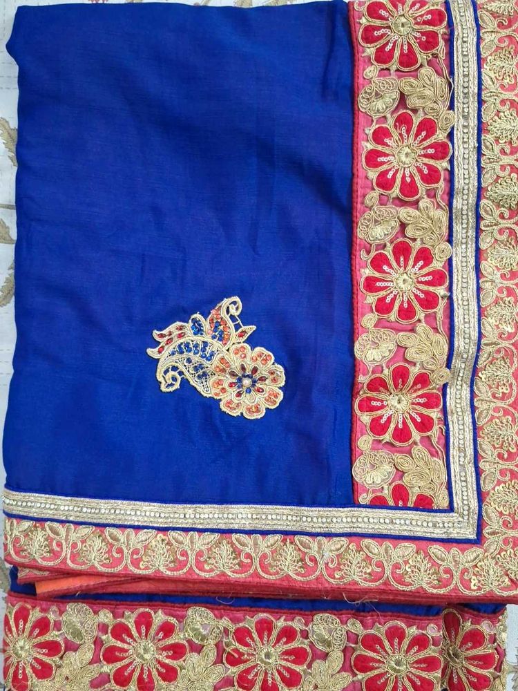 Royal Blue Saree with Floral Embroidery