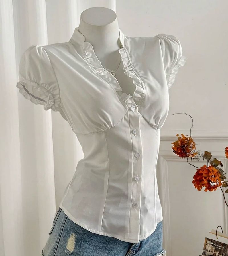 White Ruffled Button-Up Blouse