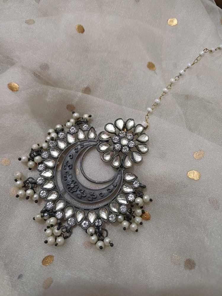 Black polish Oxidized Maang Tikka with Pearls