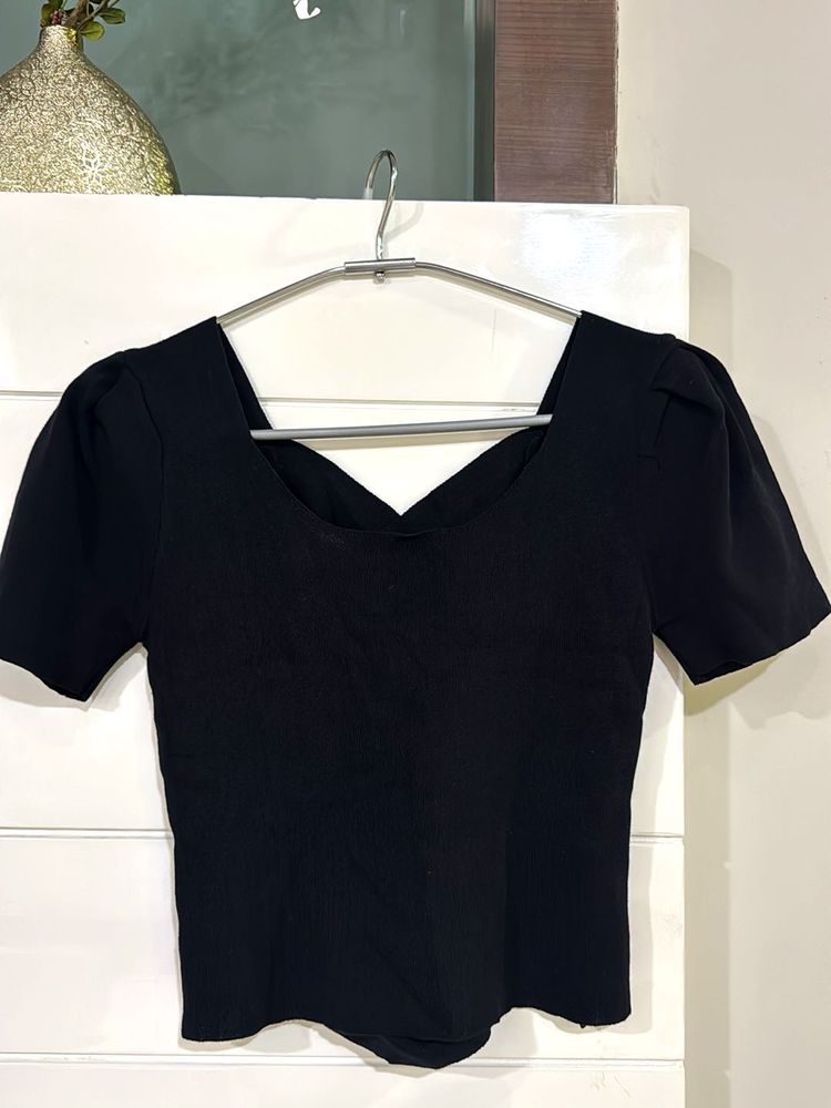 Black Puff Sleeve Square Neck Top