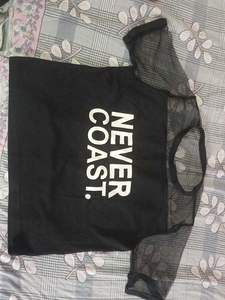Black Mesh Sleeve Graphic Crop top