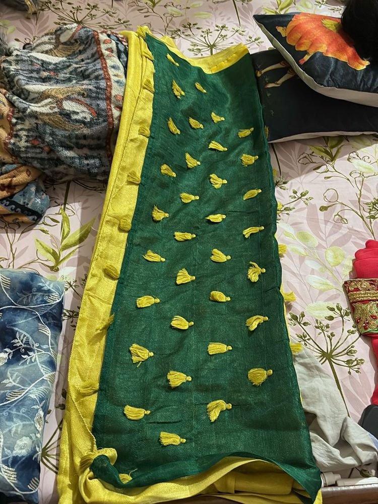 Green Saree with Tassels and blouse