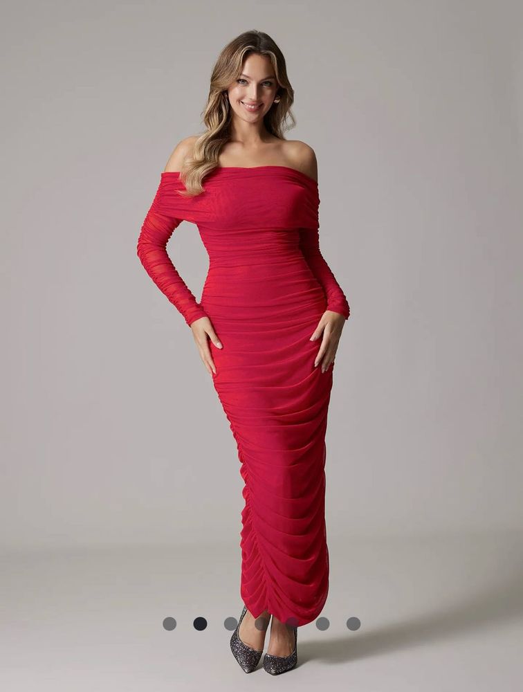 Stunning Red Ruched Off-Shoulder Maxi Dress