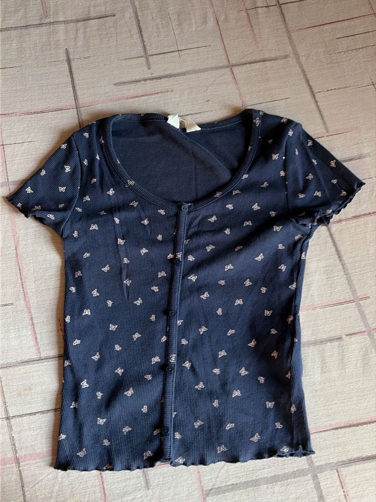 Navy Blue Butterfly Print Button-Up Top