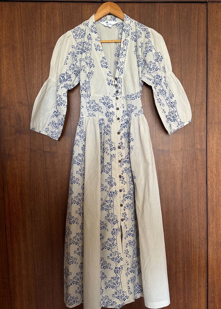 Ivory Blue Blockprinted Bel Cotton Dress