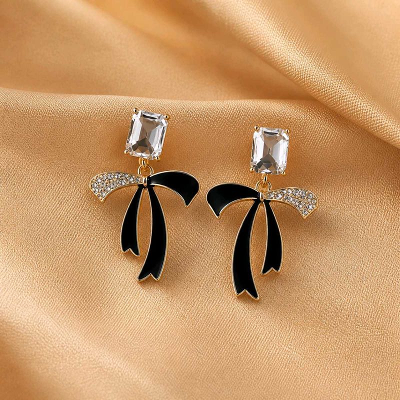 Black Bow Earrings with Crystal Accents