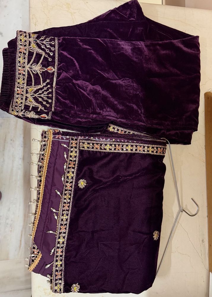 Elegant Embroidered Velvet Kurta Set