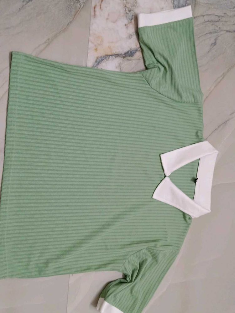 Green Striped Collared Top