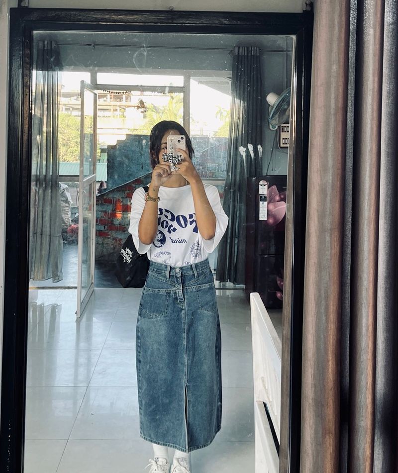 Denim Midi Skirt with Split