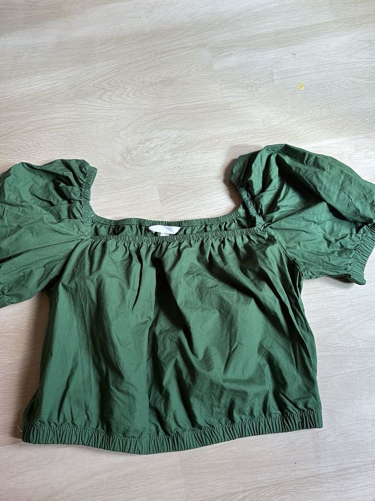 H&amp;M Green Square Neck Puff Sleeve Top