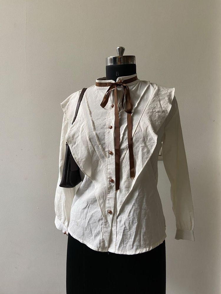 Korean White Collared Ruffle Top