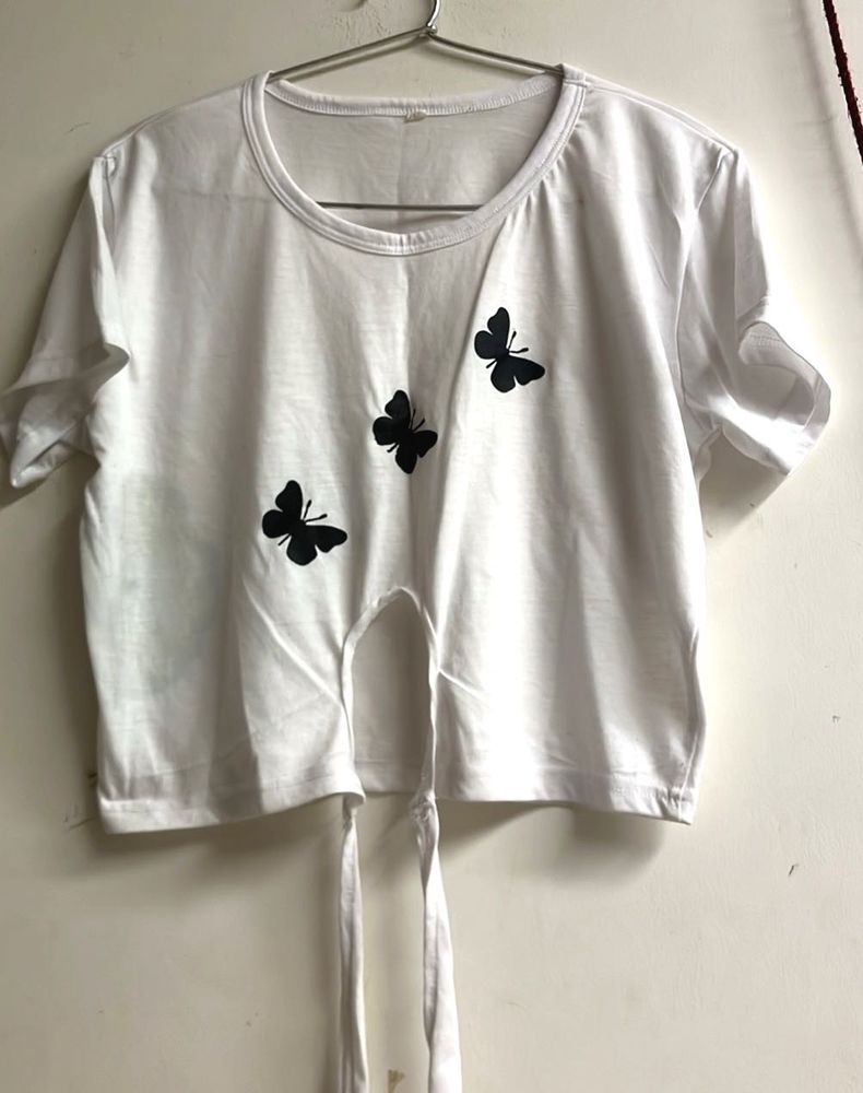White Butterfly Tie-Front Crop Top