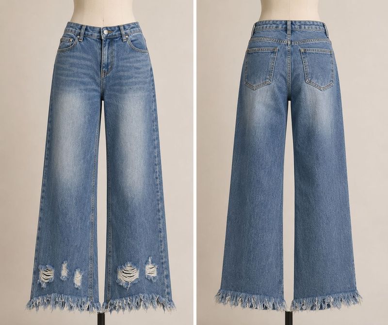 Distressed Wide Leg Jeans with Fringed Hem