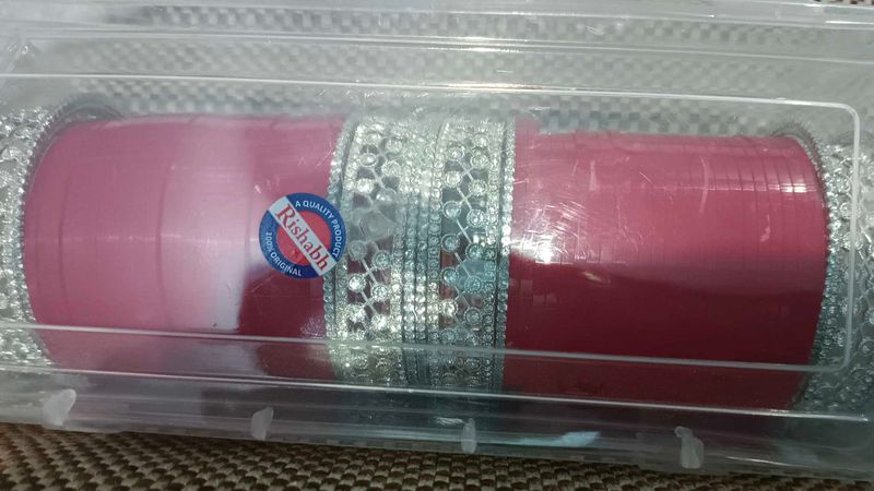 Rishabh Bangles - Pink &amp; Silver Embellished Set