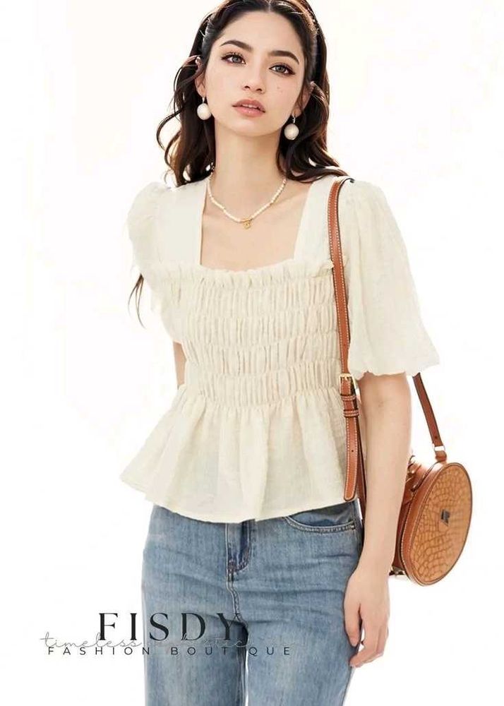 Korean Pinterest White Smocked Puff Sleeve Top