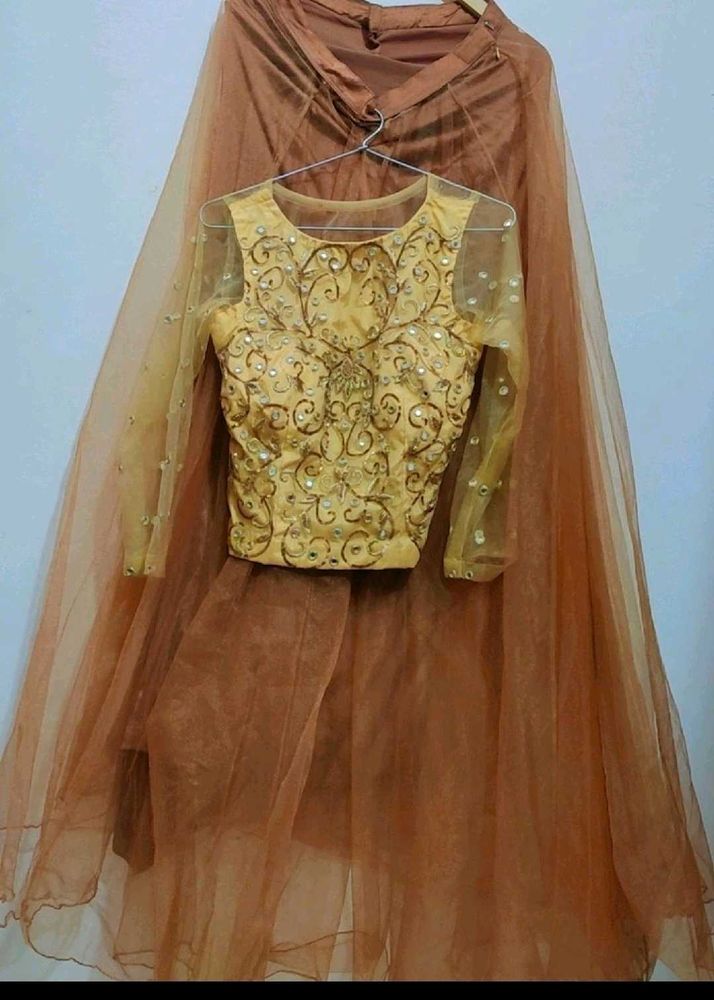 Golden Blouse &amp; Brown Skirt Set For 30 Bust