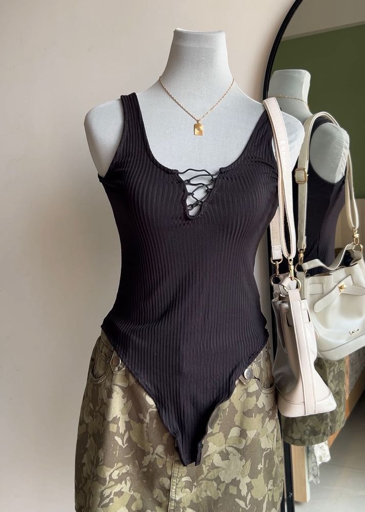 NEGATIVE Ribbed Lace-Up Bodysuit