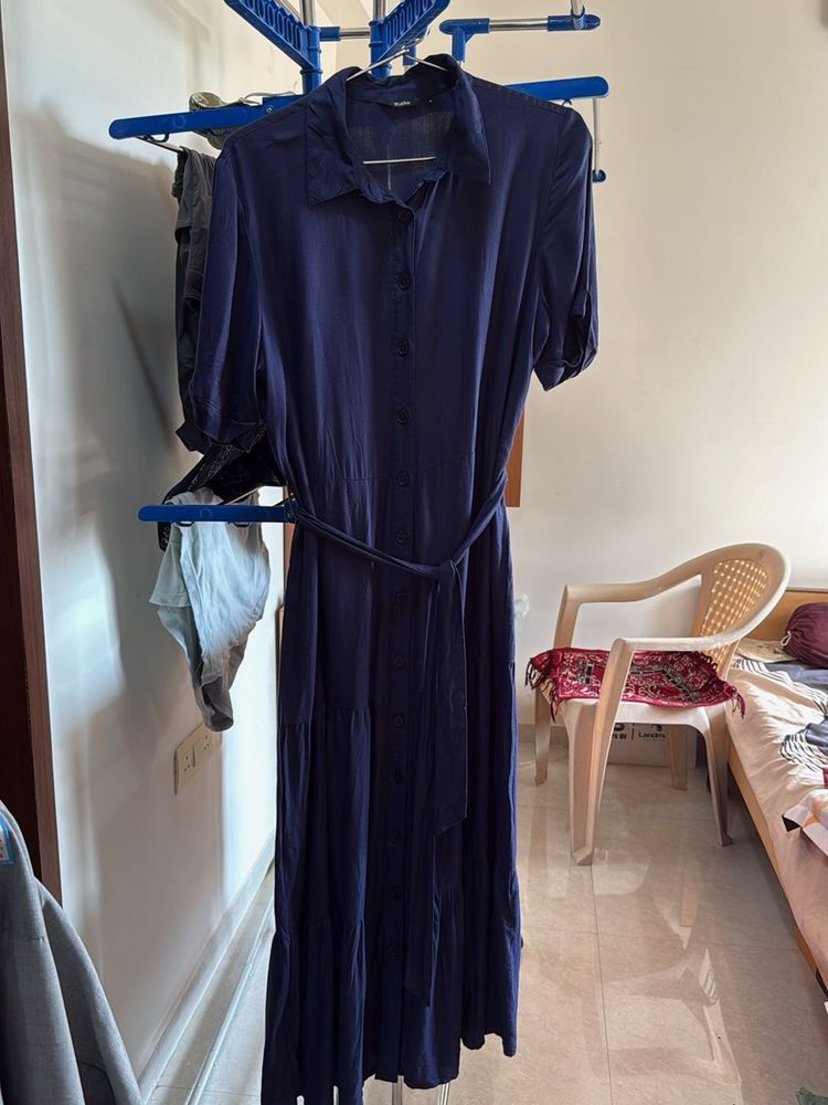 Elegant Navy Blue Button-Front maxi long dress