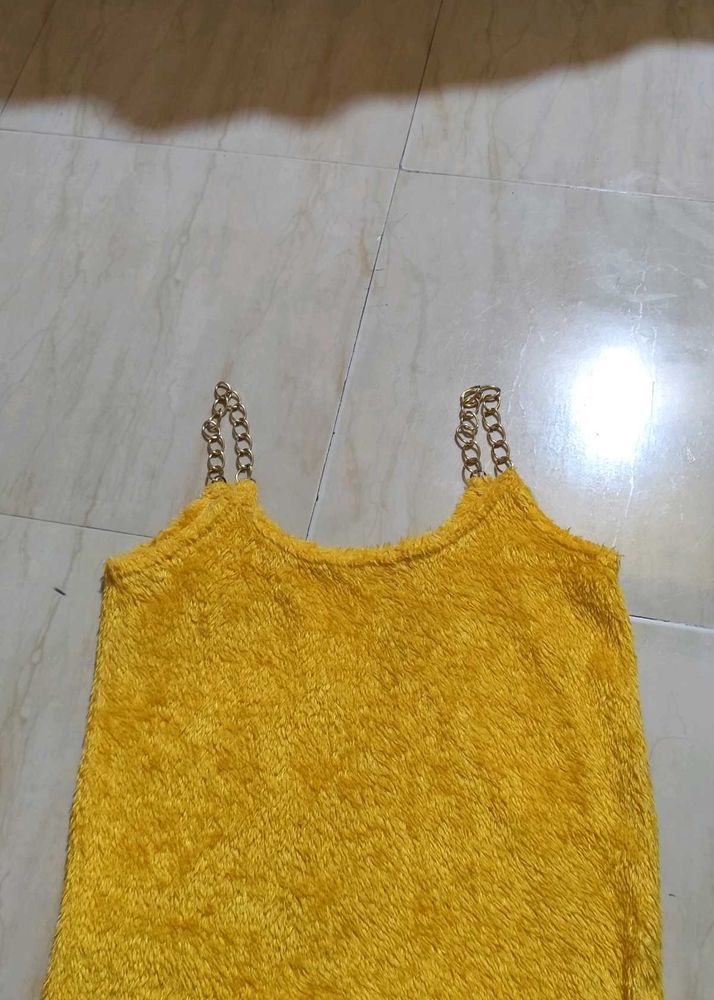 Yellow Faux Fur Cami Top with Chain Straps