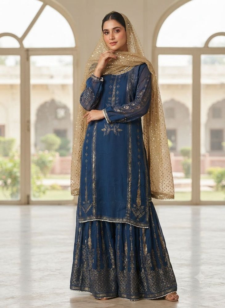 WISHFUL Blue Kurta Set with Golden Dupata