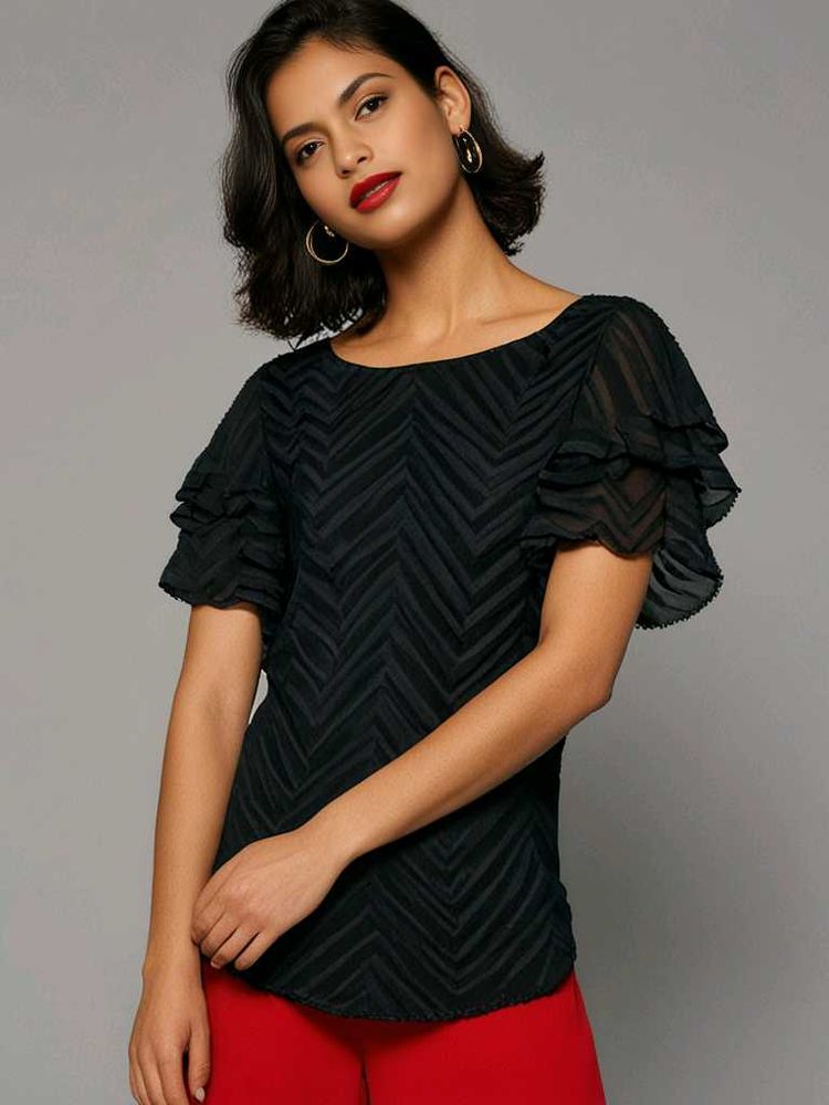 Black Frills Embroidered Top