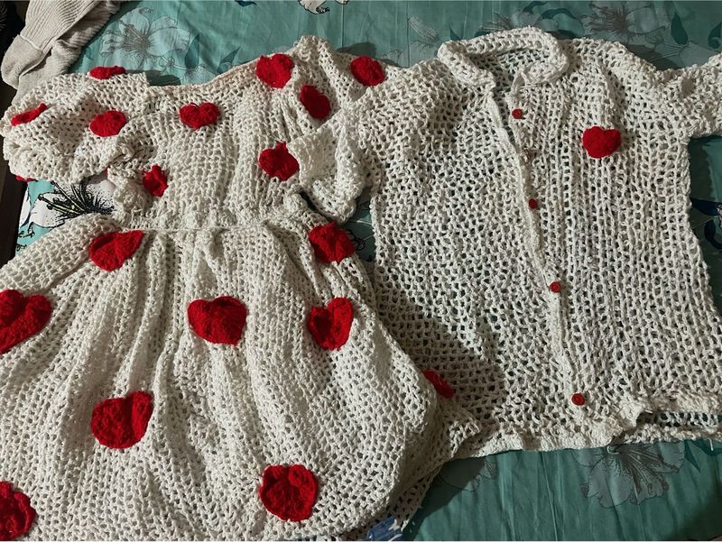 White Crochet Heart Tunic &amp; Dress Set couple dres