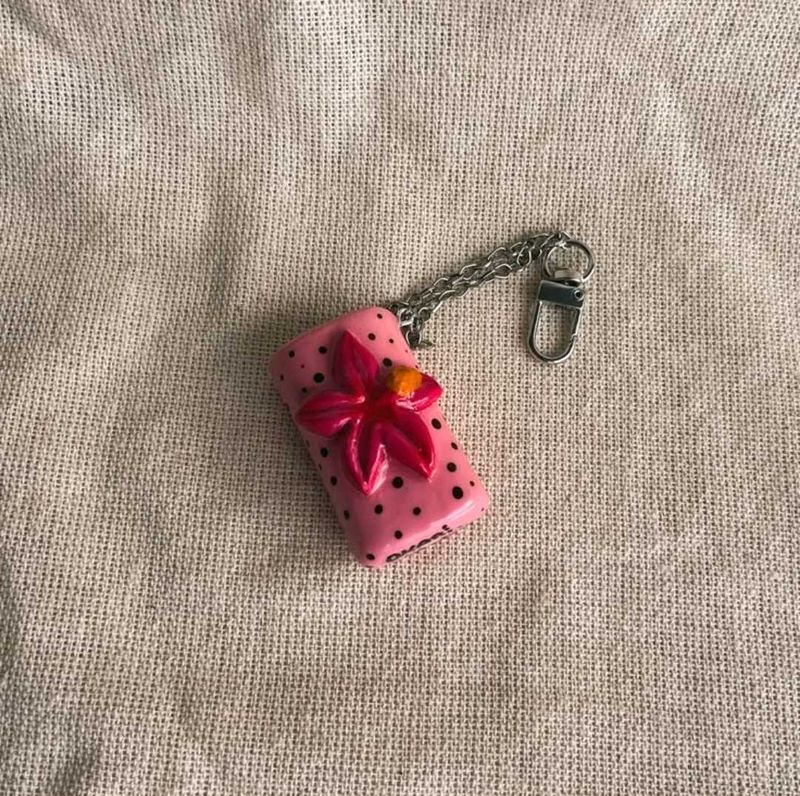Pink Polkadot Floral Lighter Case Keychain