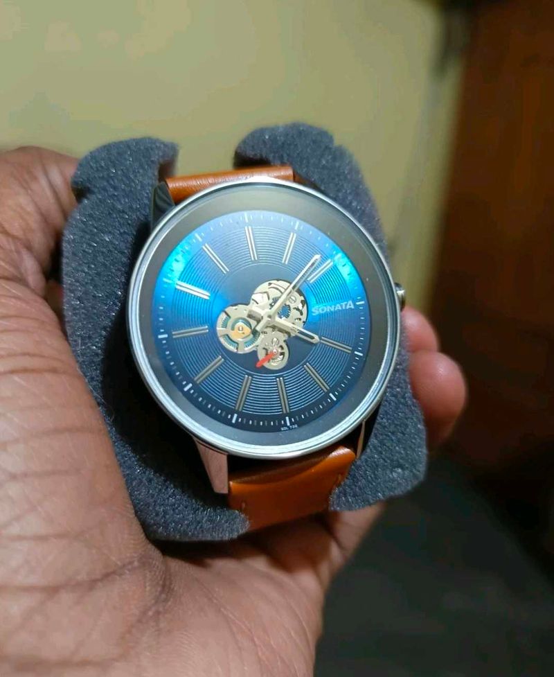 Sonata Watch - Blue Dial with Brown Strap