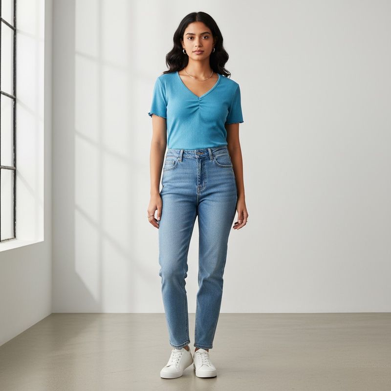 Blue Ribbed V-Neck Top
