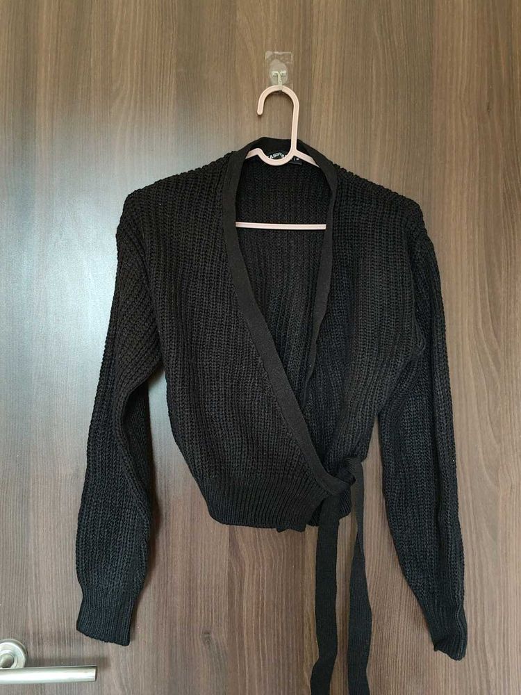 Chic Black Wrap Knit Sweater