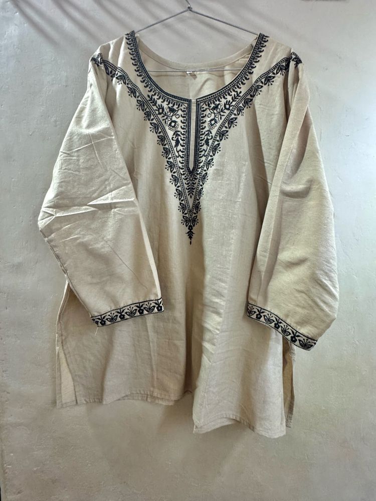 Embroidered Beige Cotton Kurta