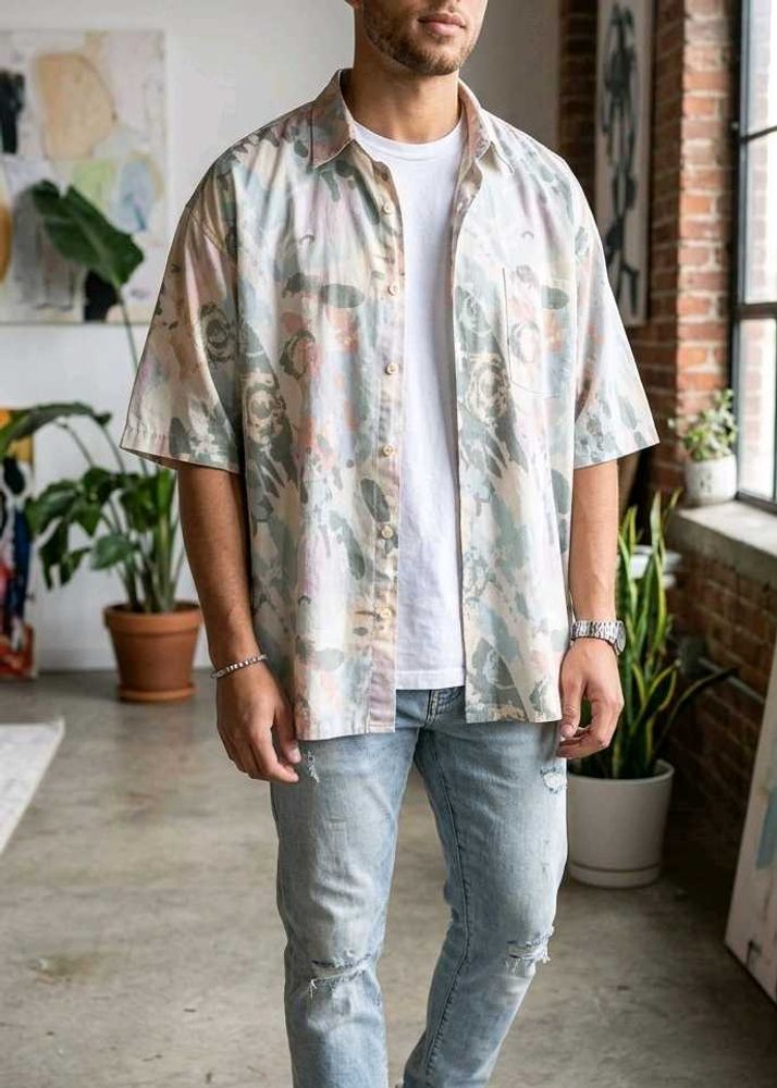 Abstract Print Short Sleeve Shirt stylish five sle