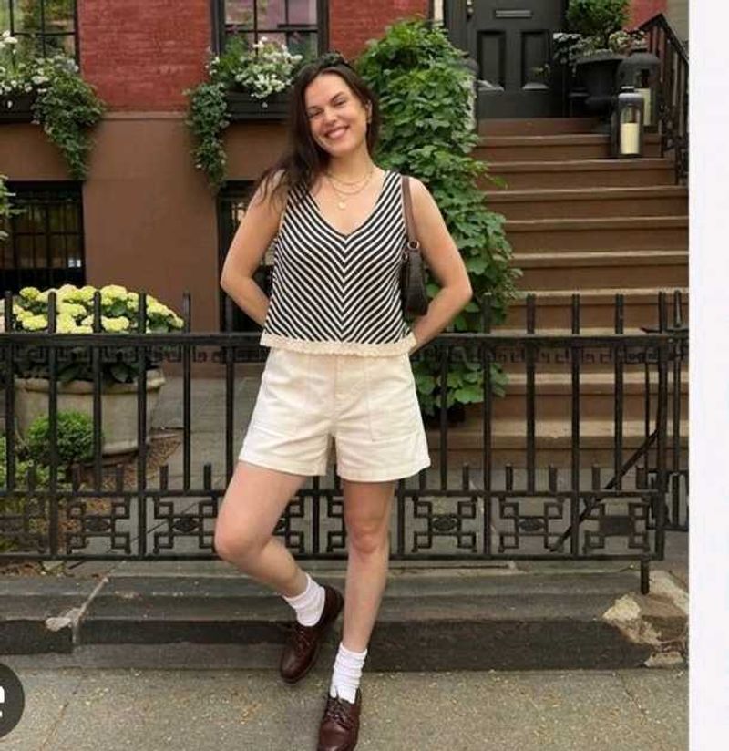 Striped V-Neck Cropped Top &amp; Cream Shorts Set